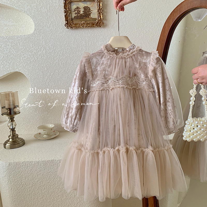 Váy công chúa vải nhung phối voan lót nỉ 2 màu hồng/be bé gái size 90-150