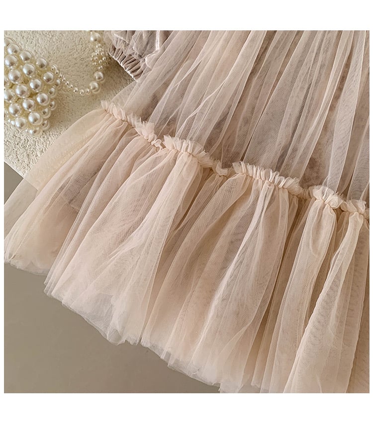 Váy công chúa vải nhung phối voan lót nỉ 2 màu hồng/be bé gái size 90-150