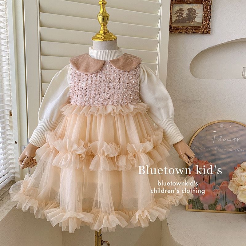 Váy công chúa lót nỉ đính kim sa màu be vàng cổ sen + áo trắng bé gái size 90-130