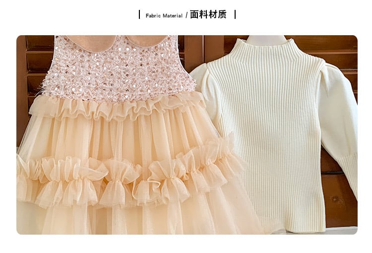 Váy công chúa lót nỉ đính kim sa màu be vàng cổ sen + áo trắng bé gái size 90-130