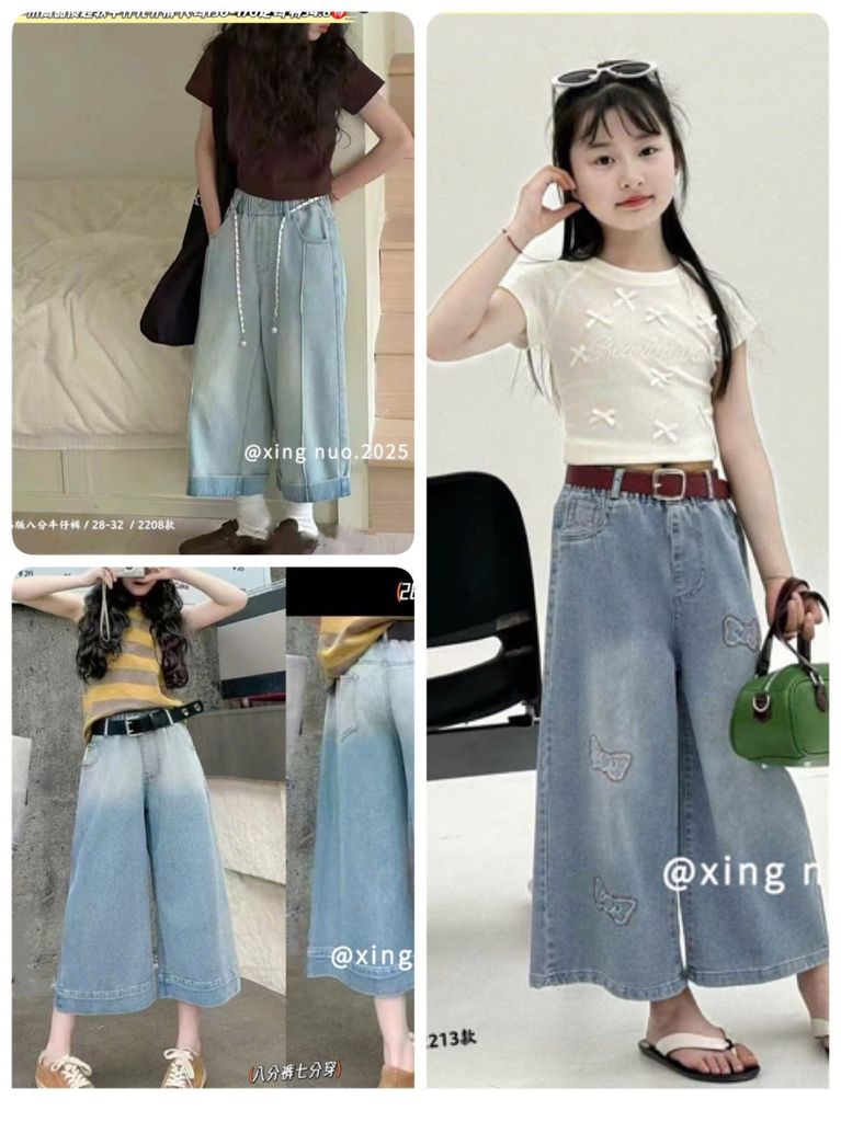 Quần jean mềm QC ống suông dáng lửng nhiều màu bé gái size 120-160