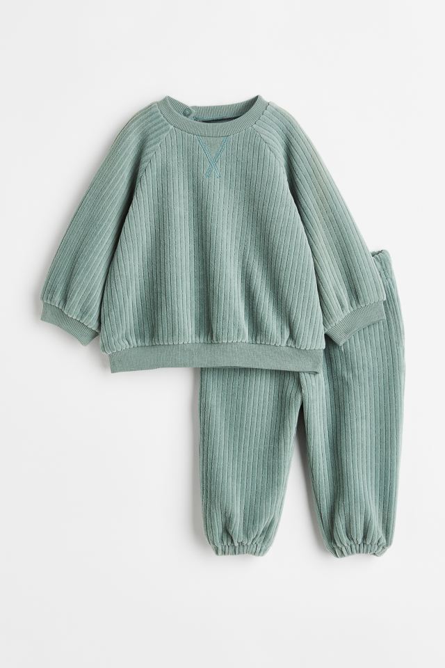 Bộ nhung sọc đũa HM 2 màu nâu / mint size 6m - 24m