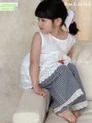 M5180 - Bộ Mia Kids áo thêu trắng + quần caro đen trắng bé gái size 2-12y