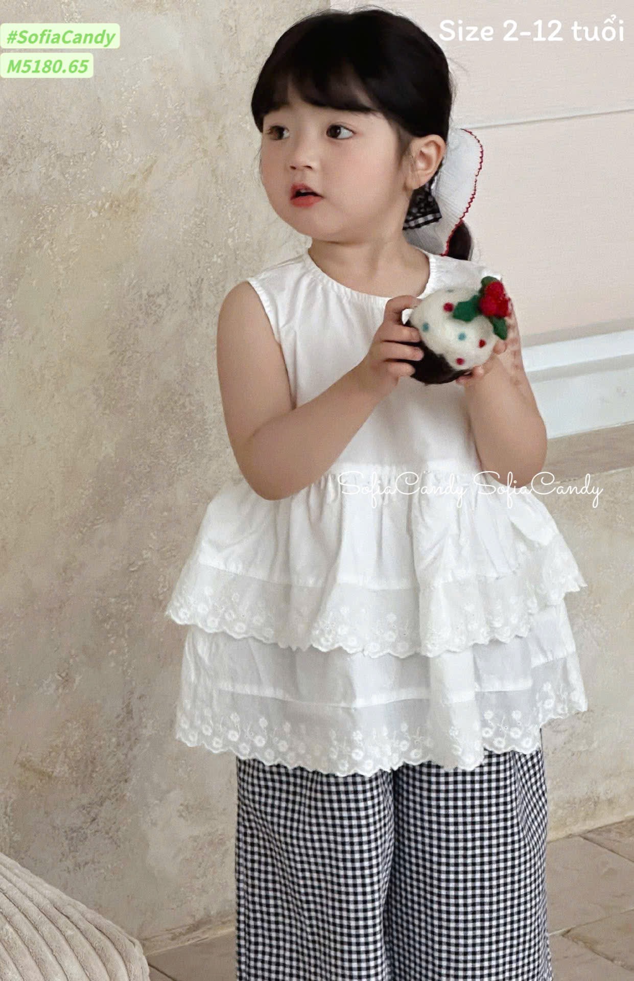 M5180 - Bộ Mia Kids áo thêu trắng + quần caro đen trắng bé gái size 2-12y