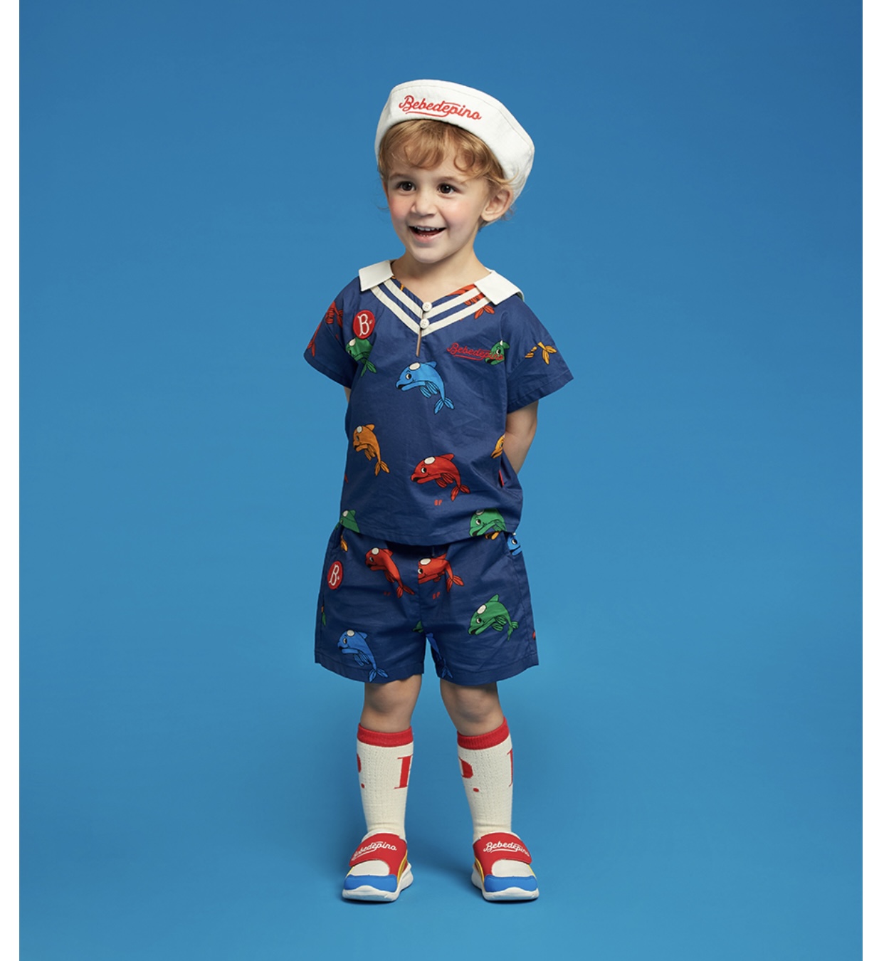 Set bộ / áo rời Bebe De Pino màu xanh thuỷ thủ hoạ tiết cá heo BT