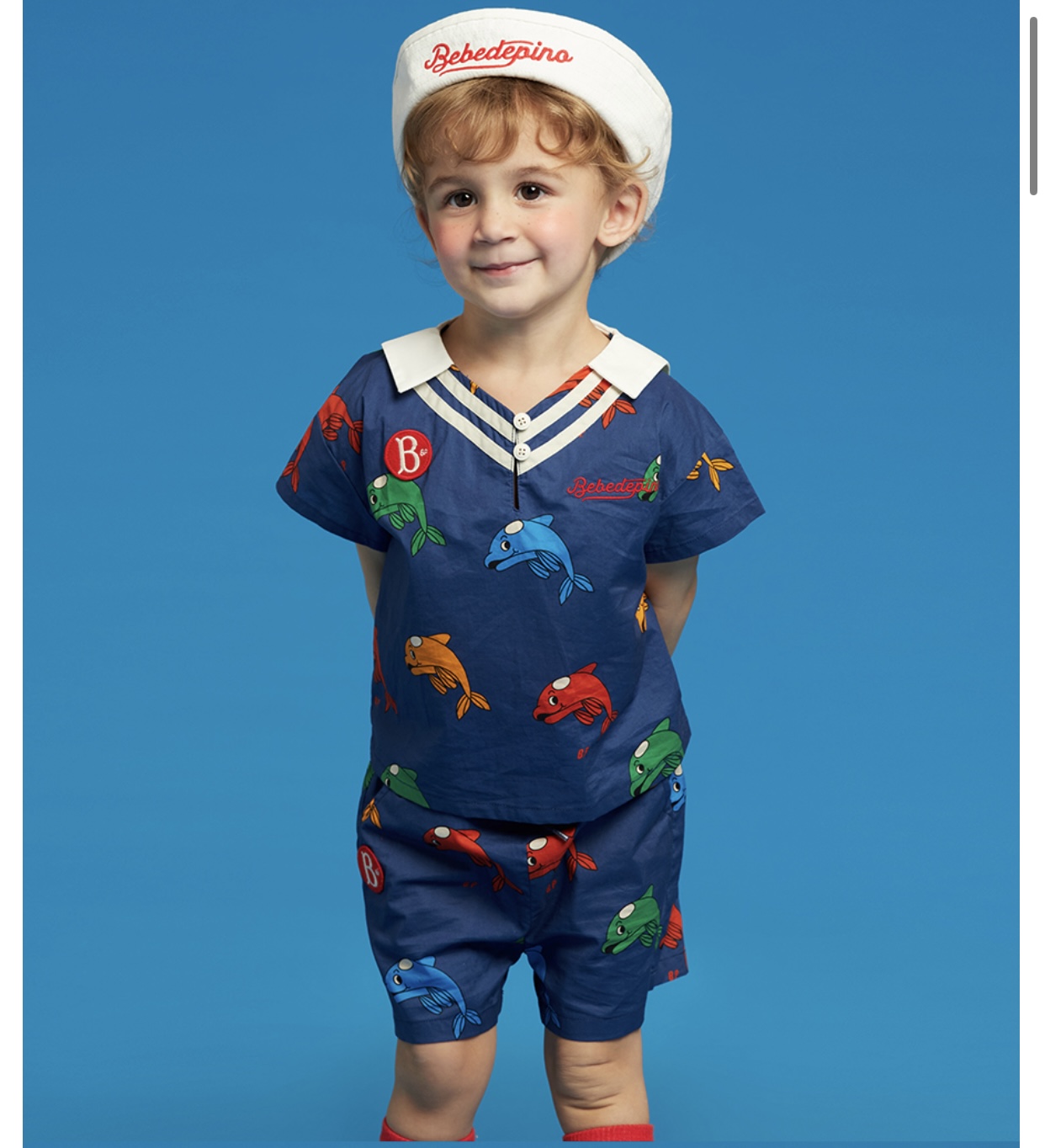 Set bộ / áo rời Bebe De Pino màu xanh thuỷ thủ hoạ tiết cá heo BT