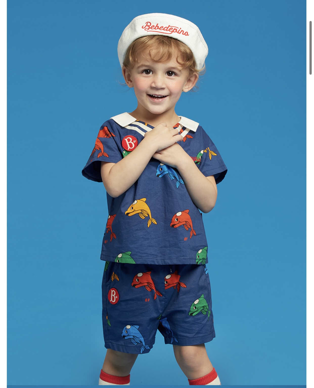 Set bộ / áo rời Bebe De Pino màu xanh thuỷ thủ hoạ tiết cá heo BT