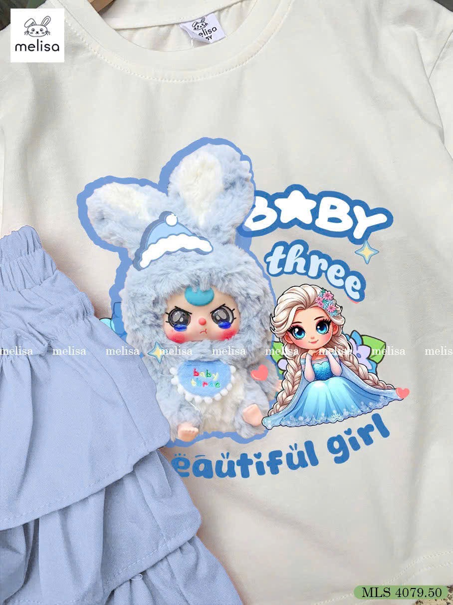 MLS 4079 - Bộ Melisa Baby Three + Elsa áo trắng xanh + chân váy xanh bé gái size 2-12y