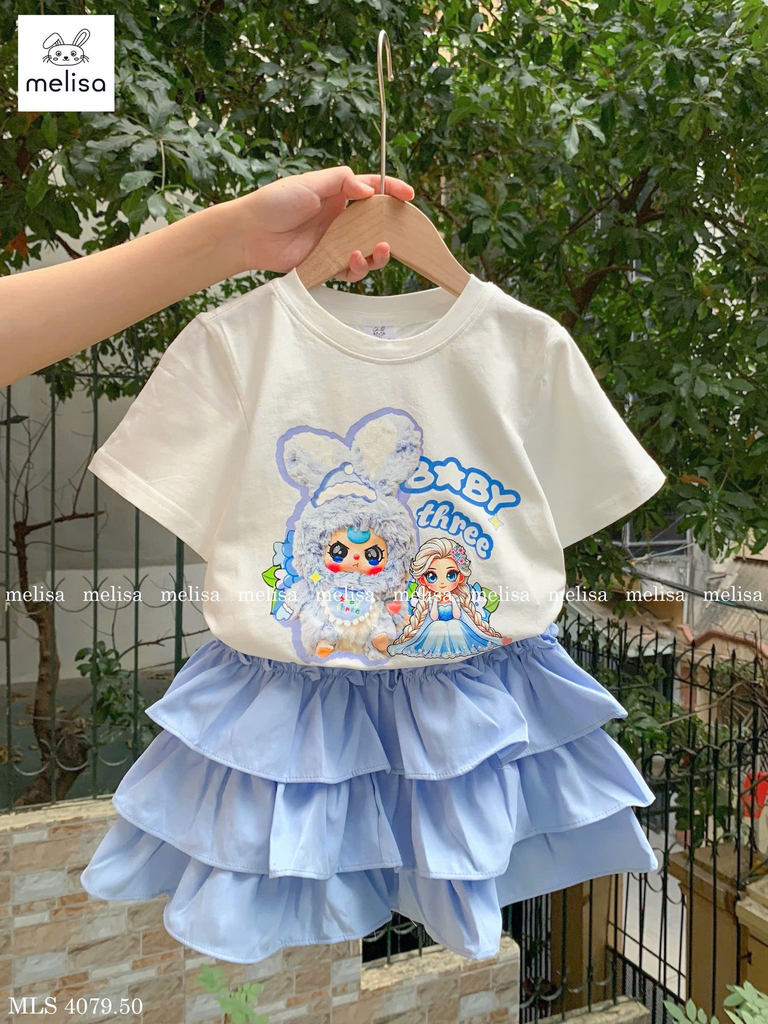 MLS 4079 - Bộ Melisa Baby Three + Elsa áo trắng xanh + chân váy xanh bé gái size 2-12y