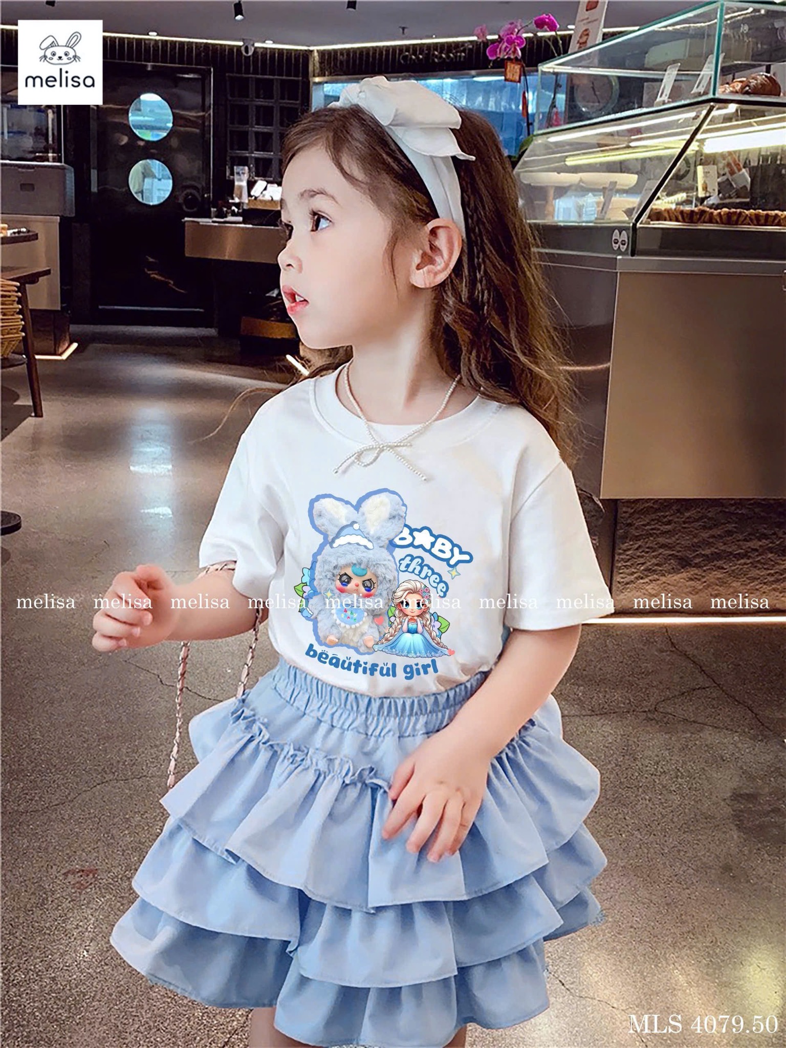 MLS 4079 - Bộ Melisa Baby Three + Elsa áo trắng xanh + chân váy xanh bé gái size 2-12y