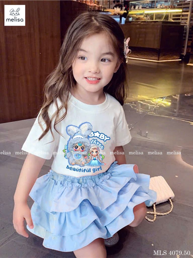 MLS 4079 - Bộ Melisa Baby Three + Elsa áo trắng xanh + chân váy xanh bé gái size 2-12y