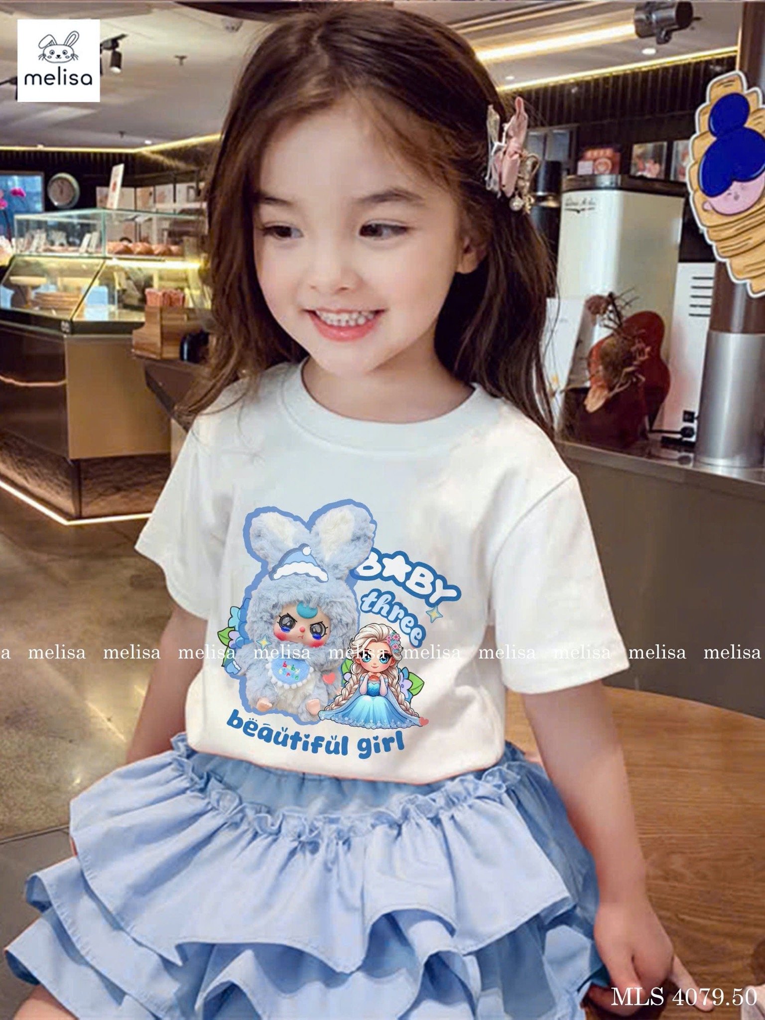 MLS 4079 - Bộ Melisa Baby Three + Elsa áo trắng xanh + chân váy xanh bé gái size 2-12y