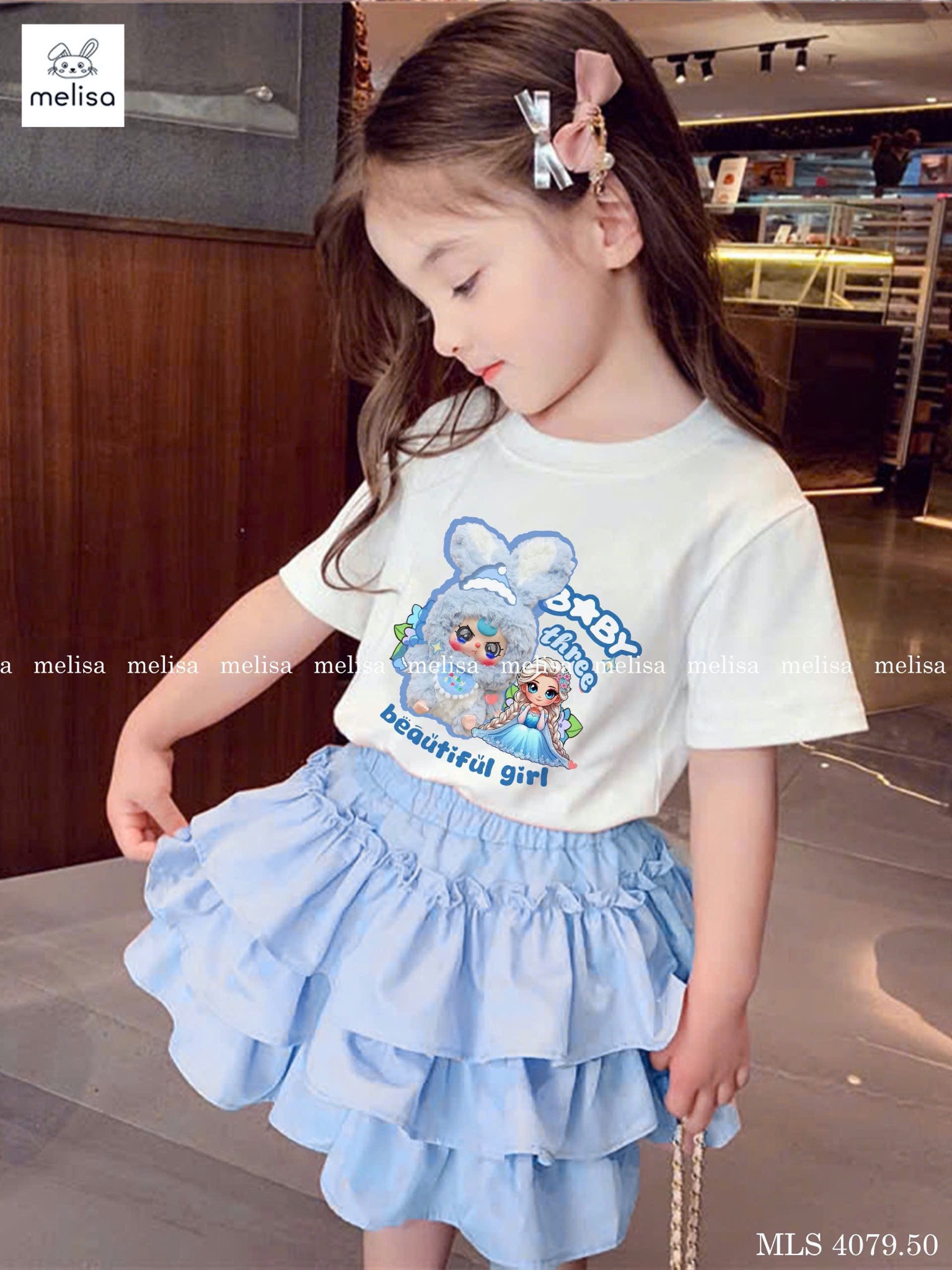 MLS 4079 - Bộ Melisa Baby Three + Elsa áo trắng xanh + chân váy xanh bé gái size 2-12y