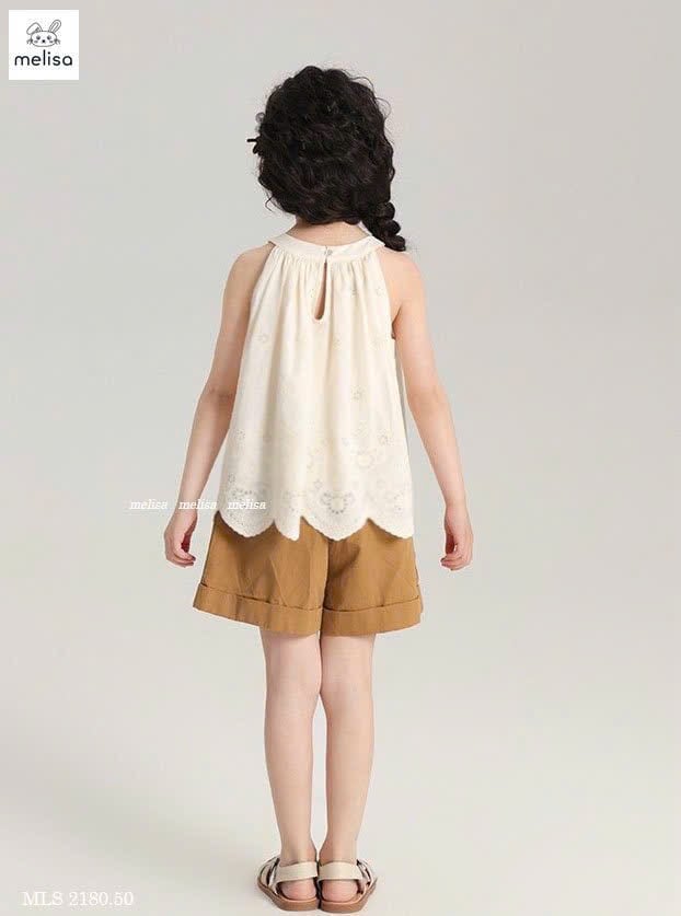 MLS 2180 - Bộ Melisa áo thô boil màu be cổ yếm + quần kaki nâu bé gái size 2-12y