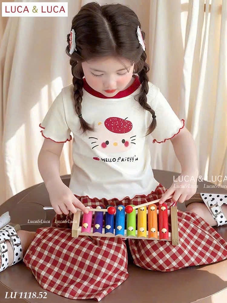 LU 1118 - Bộ LUCA áo trắng kitty viền đỏ + quần caro đỏ bé gái size 2-12y