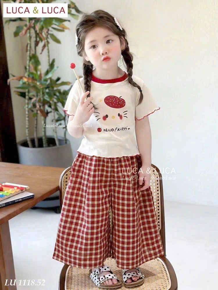 LU 1118 - Bộ LUCA áo trắng kitty viền đỏ + quần caro đỏ bé gái size 2-12y