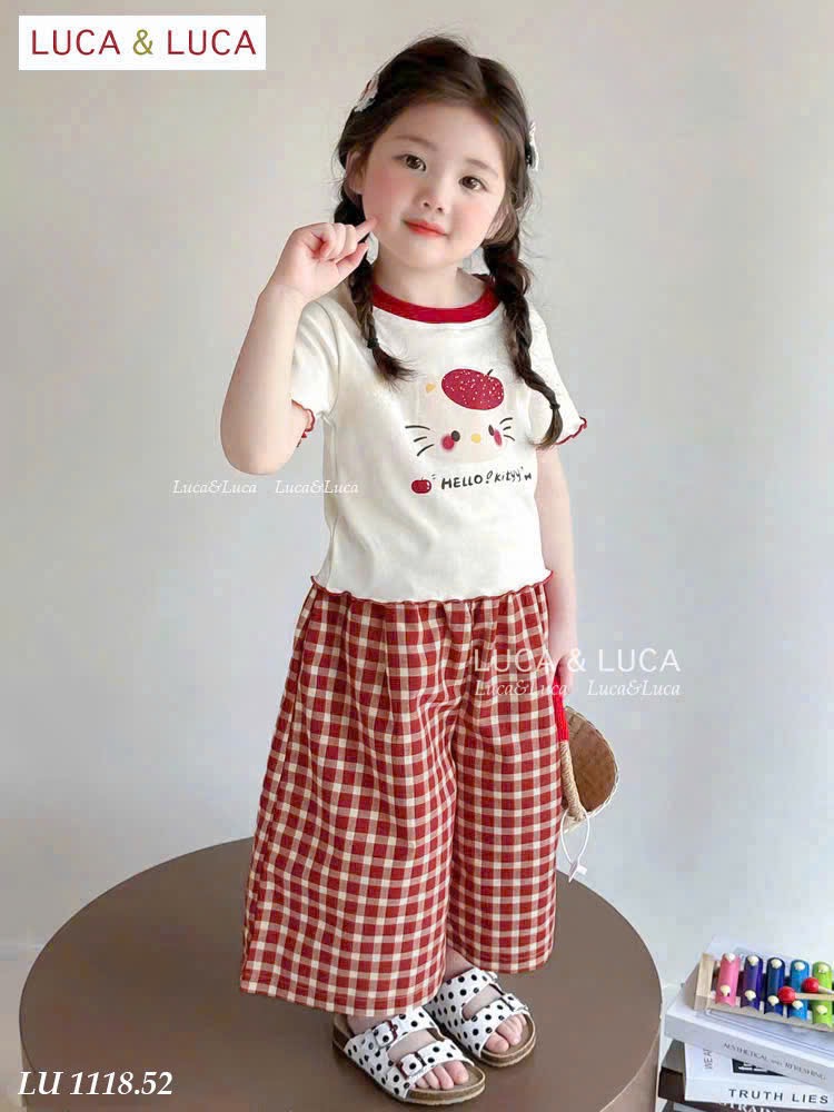 LU 1118 - Bộ LUCA áo trắng kitty viền đỏ + quần caro đỏ bé gái size 2-12y