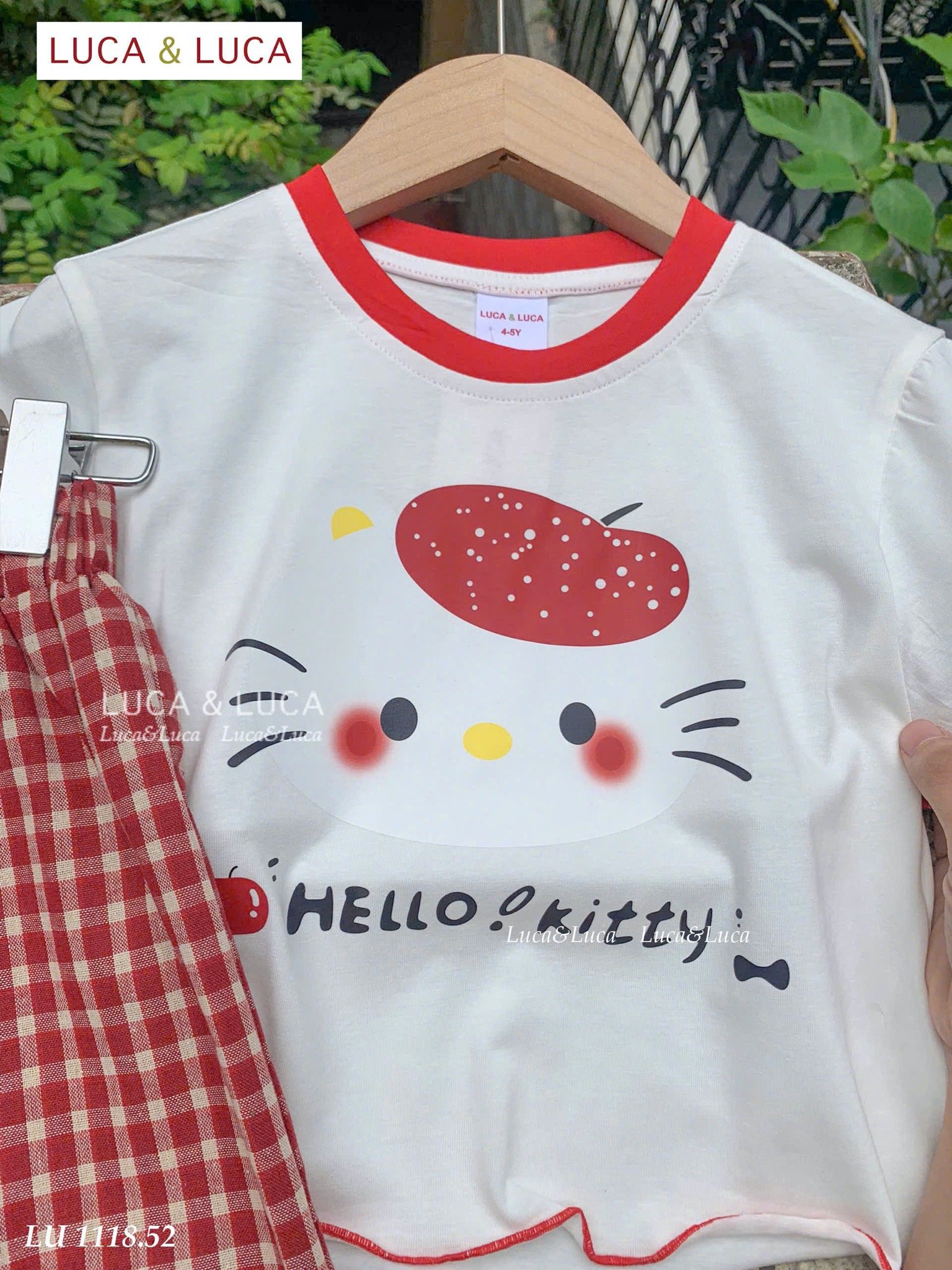 LU 1118 - Bộ LUCA áo trắng kitty viền đỏ + quần caro đỏ bé gái size 2-12y