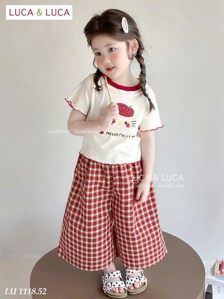 LU 1118 - Bộ LUCA áo trắng kitty viền đỏ + quần caro đỏ bé gái size 2-12y