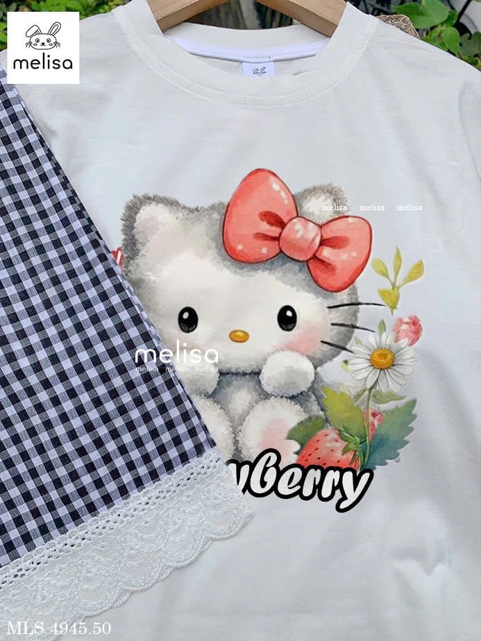 MLS 4945 - Bộ Melisa áo kitty dâu tây + quần caro viền ren bé gái size 2-12y