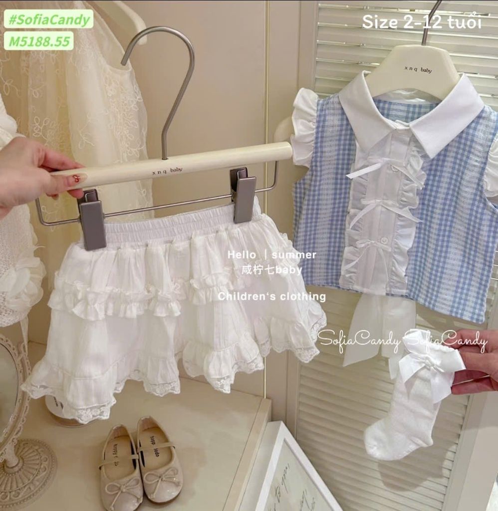M5188 - Bộ Mia Kids áo kẻ nơ xanh + chân váy trắng bé gái size 2-12y