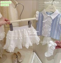 M5188 - Bộ Mia Kids áo kẻ nơ xanh + chân váy trắng bé gái size 2-12y