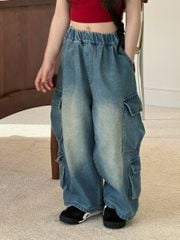 Quần jean mềm túi hộp màu xanh bé gái size 110-150