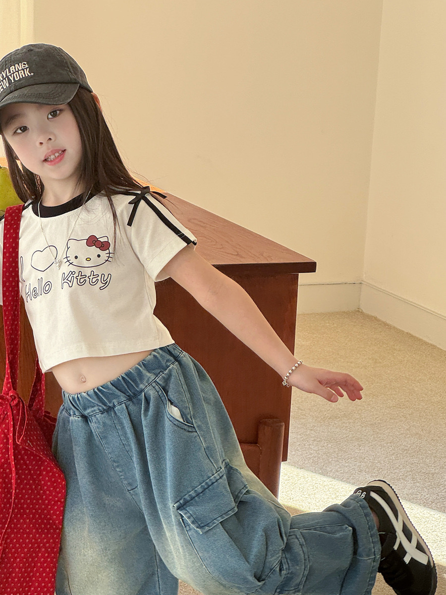 Áo cotton Croptop Hello Kitty 2 màu trắng/xanh bé gái size 90-150