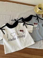 Áo cotton Croptop Hello Kitty 2 màu trắng/xanh bé gái size 90-150