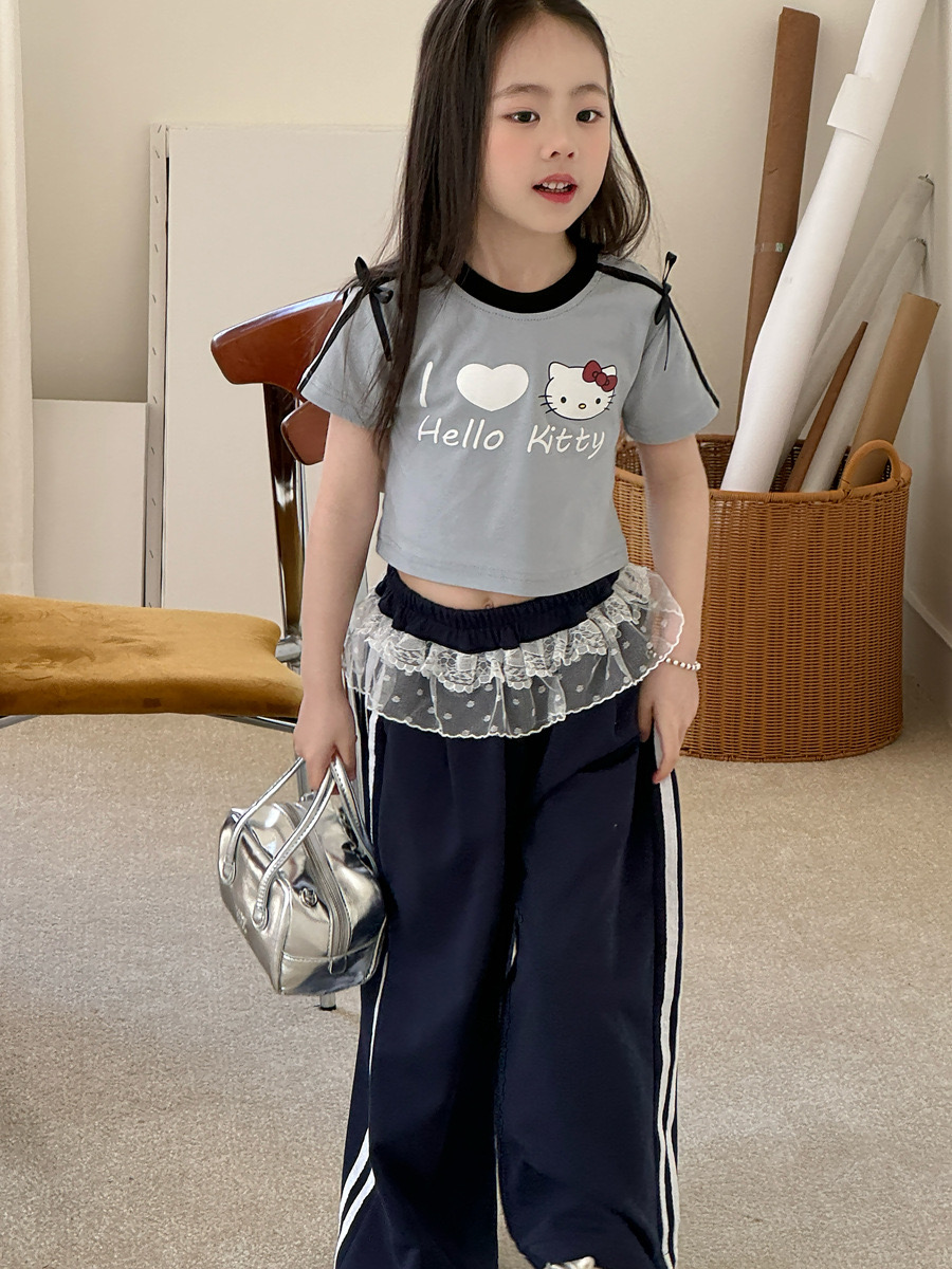Áo cotton Croptop Hello Kitty 2 màu trắng/xanh bé gái size 90-150