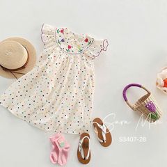 S3407 - Váy Sara Min màu kem họa tiết chấm bi sắc màu cổ thêu hoa bé gái size 2-12y