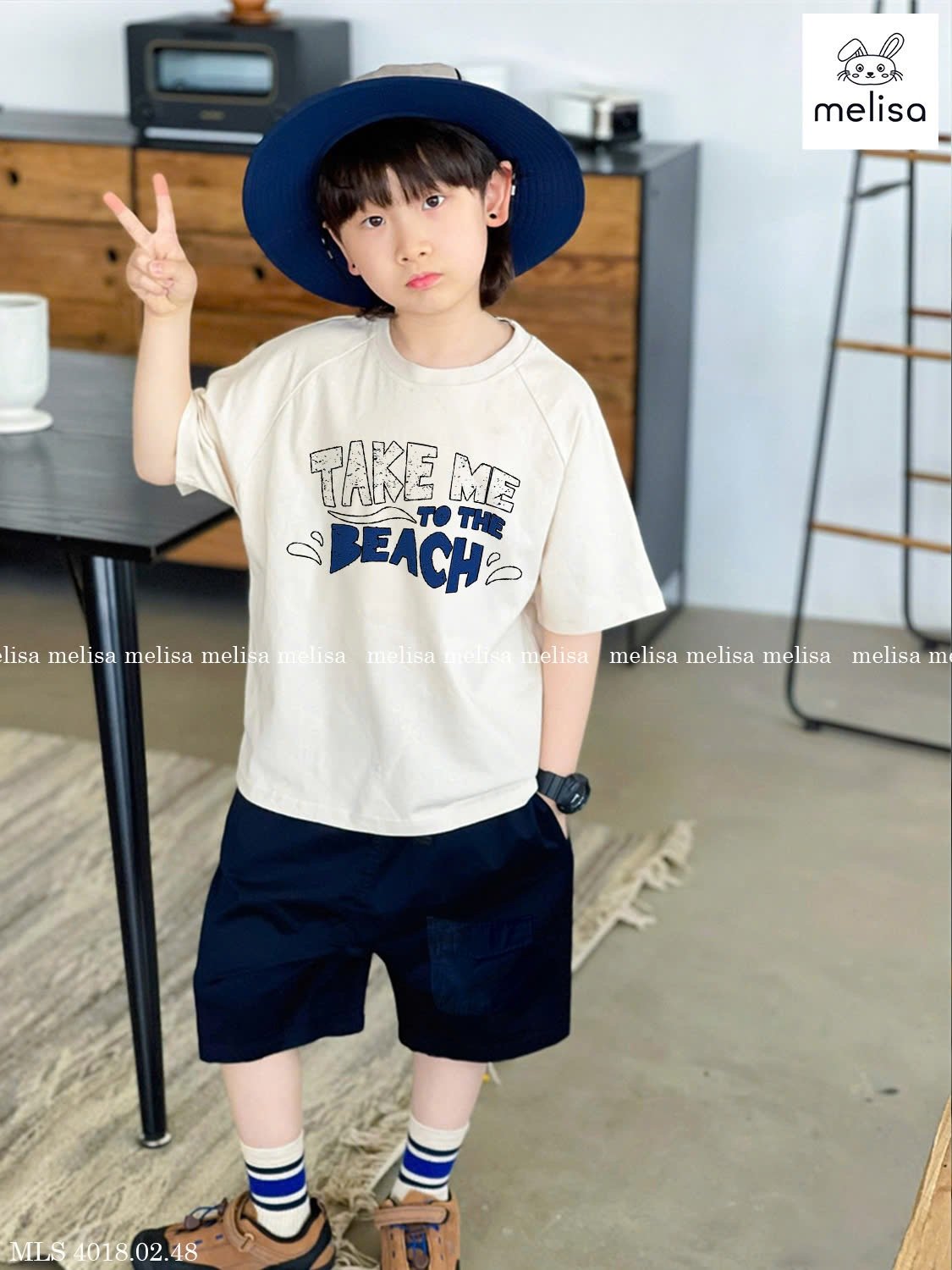 MLS 4018 - Bộ Melisa áo cotton Take me to the Beach trắng/navy bé trai size 2-12y