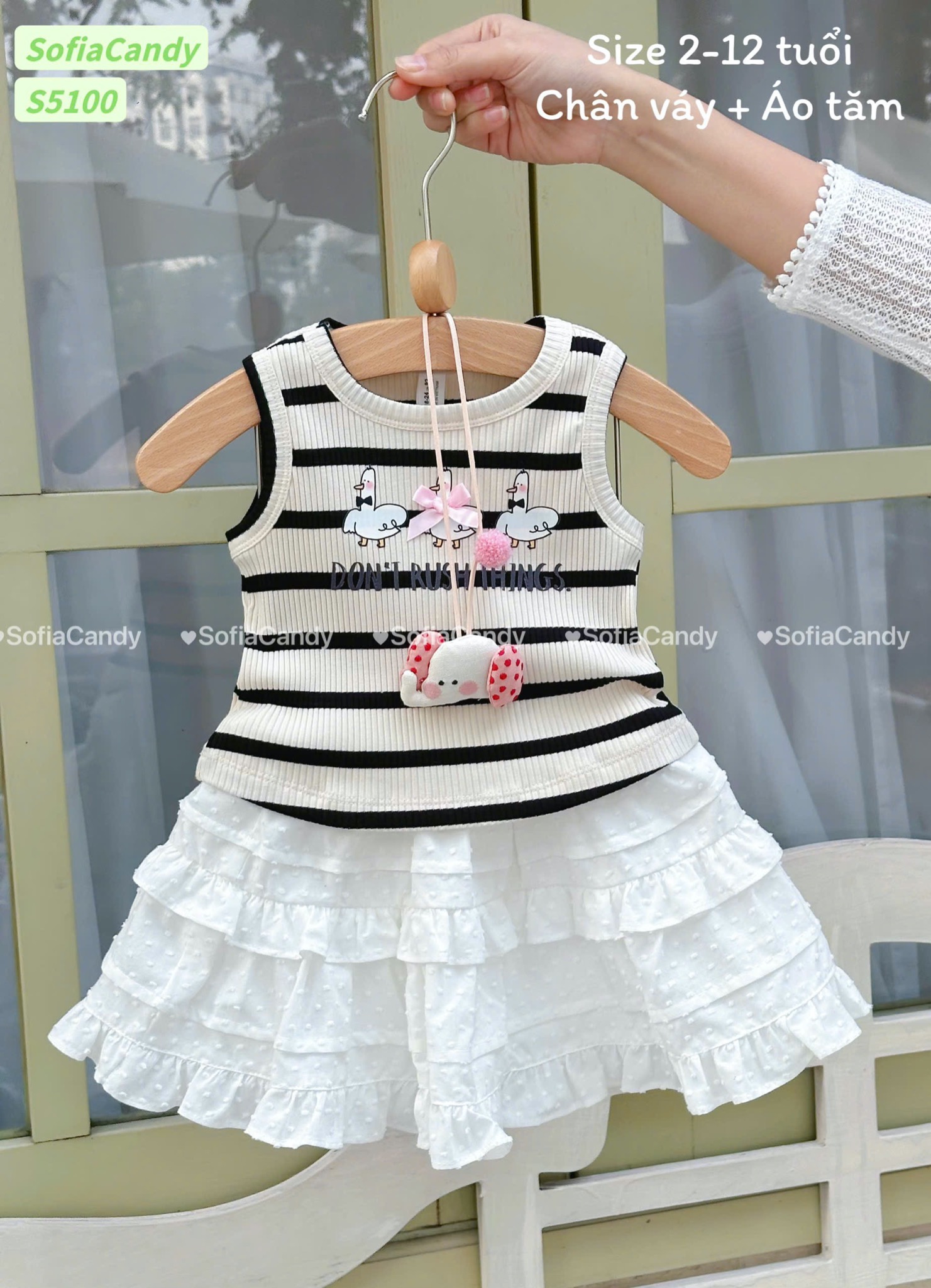 S5100 - Bộ Sofia Candy áo kẻ mix chân váy trắng bé gái size 2-12y