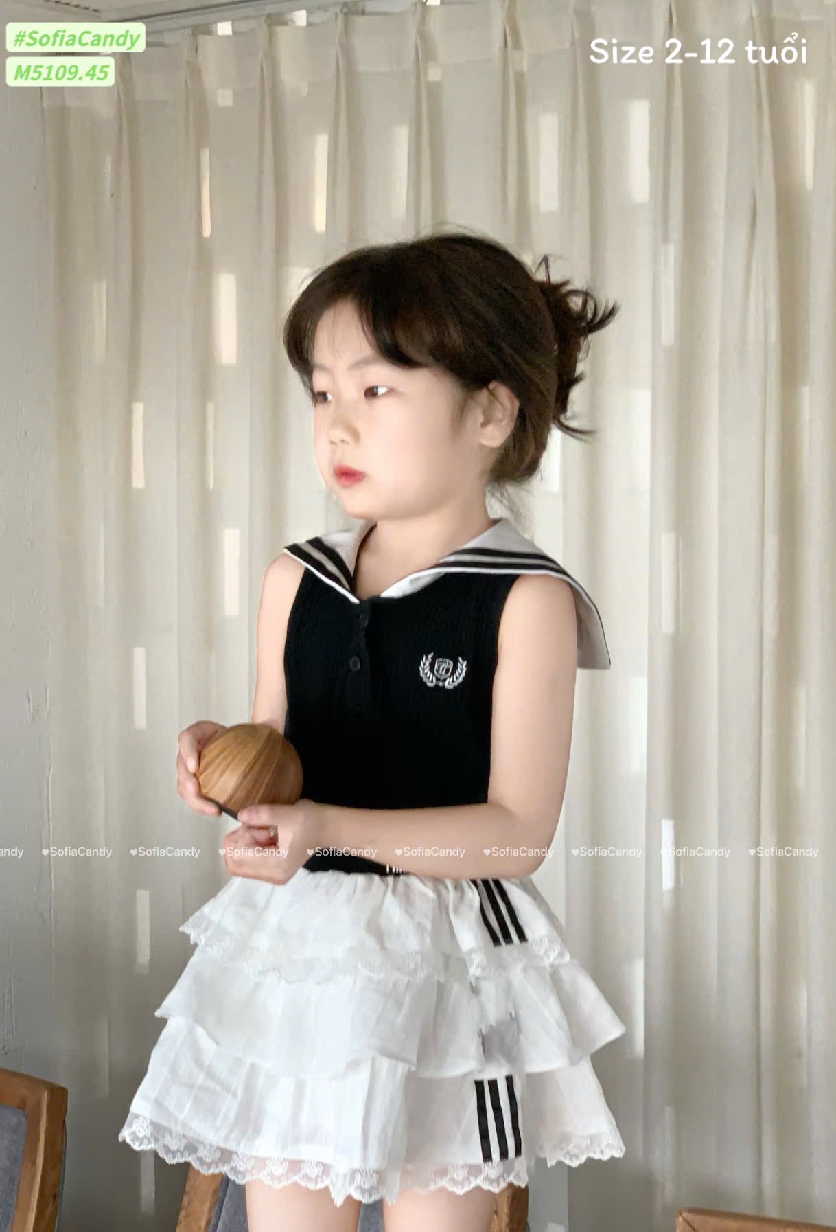 M5109 - Set bộ Sofia Candy thủy thủ áo cotton tăm đen + chân váy tầng bé gái size 2-12y