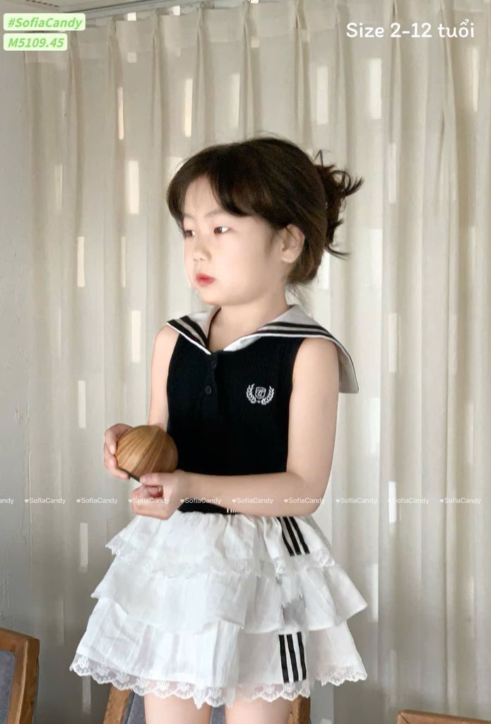 M5109 - Set bộ Sofia Candy thủy thủ áo cotton tăm đen + chân váy tầng bé gái size 2-12y