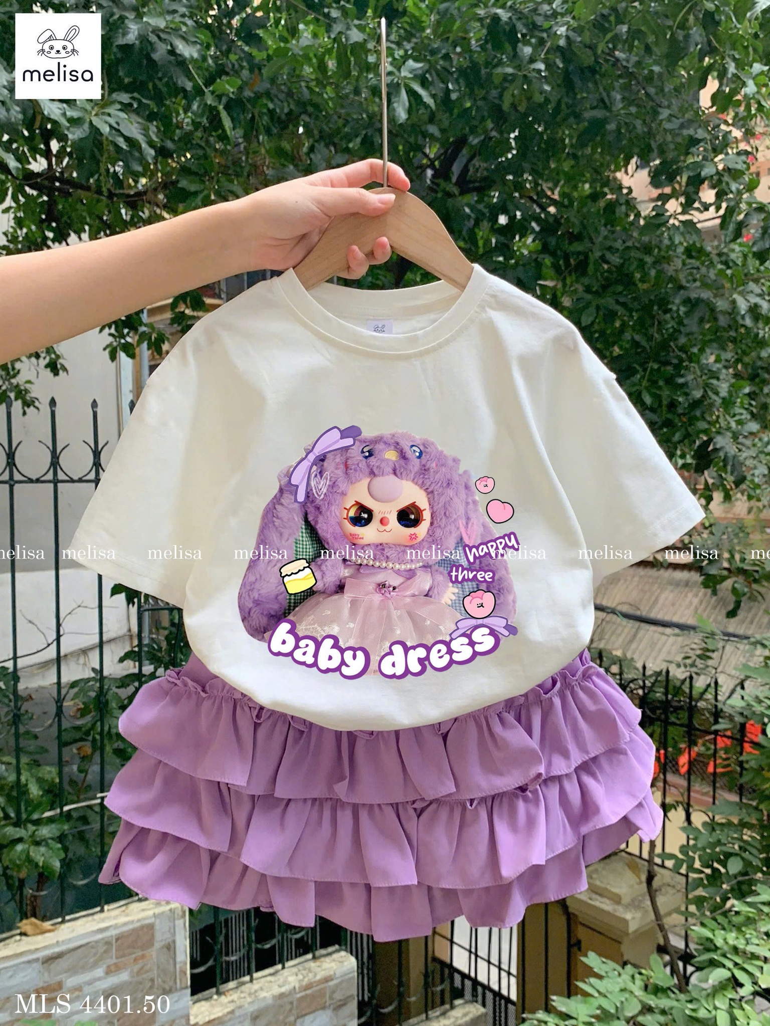 MLS 4401 - Set áo Baby Three mắt rưng + chân váy tầng màu tím bé gái size 2-12y