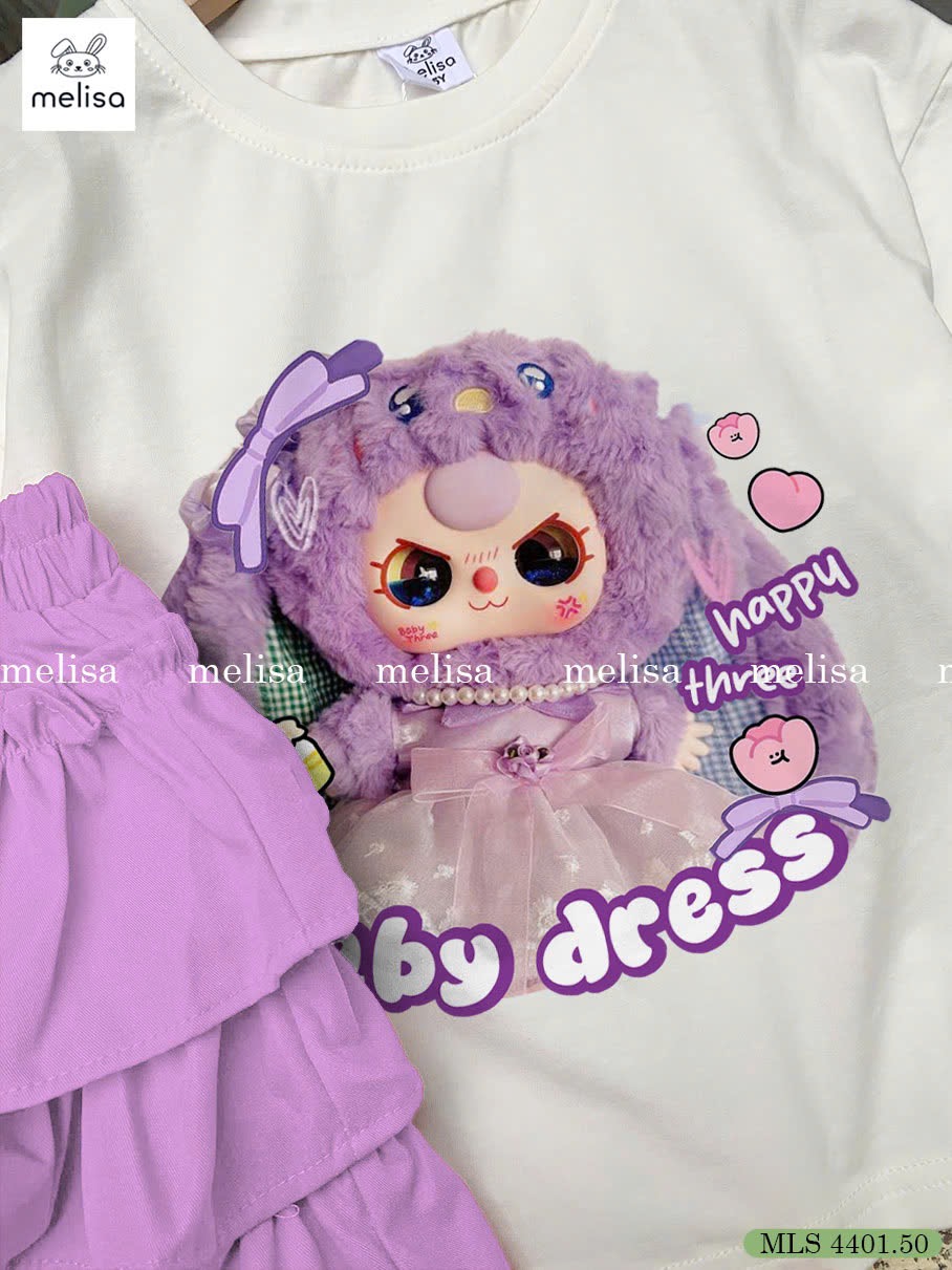 MLS 4401 - Set áo Baby Three mắt rưng + chân váy tầng màu tím bé gái size 2-12y
