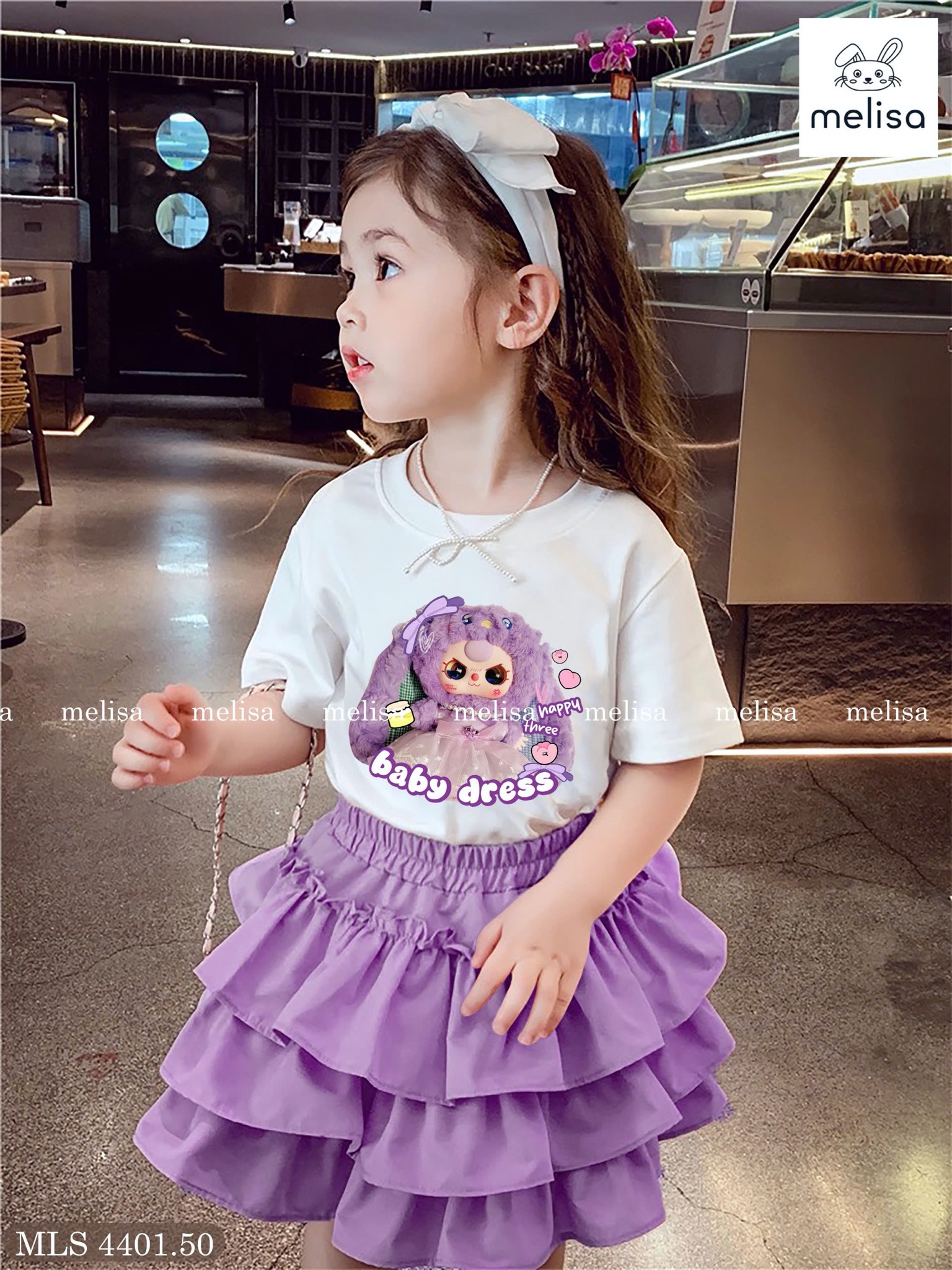 MLS 4401 - Set áo Baby Three mắt rưng + chân váy tầng màu tím bé gái size 2-12y
