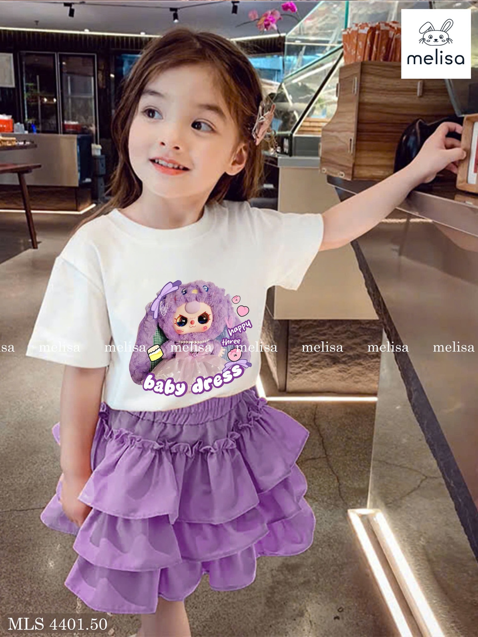 MLS 4401 - Set áo Baby Three mắt rưng + chân váy tầng màu tím bé gái size 2-12y