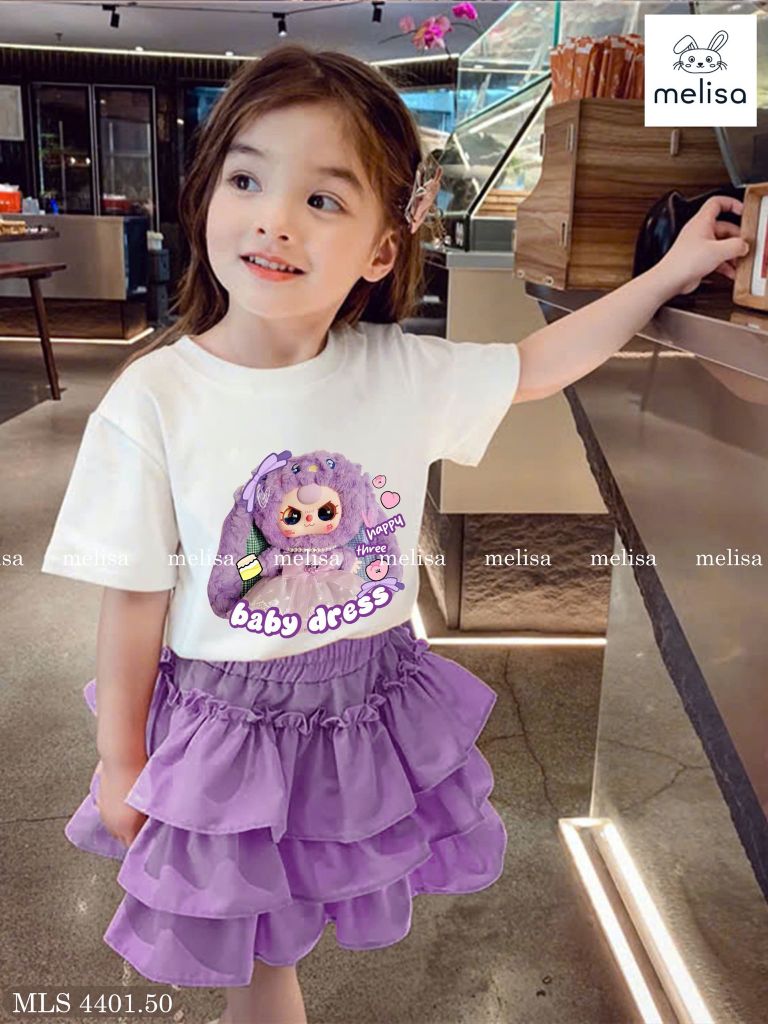 MLS 4401 - Set áo Baby Three mắt rưng + chân váy tầng màu tím bé gái size 2-12y