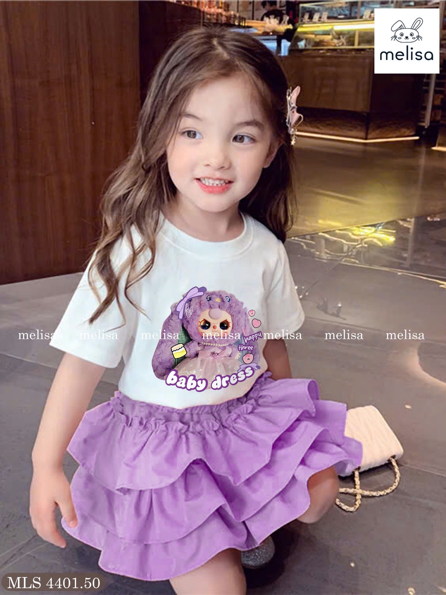 MLS 4401 - Set áo Baby Three mắt rưng + chân váy tầng màu tím bé gái size 2-12y