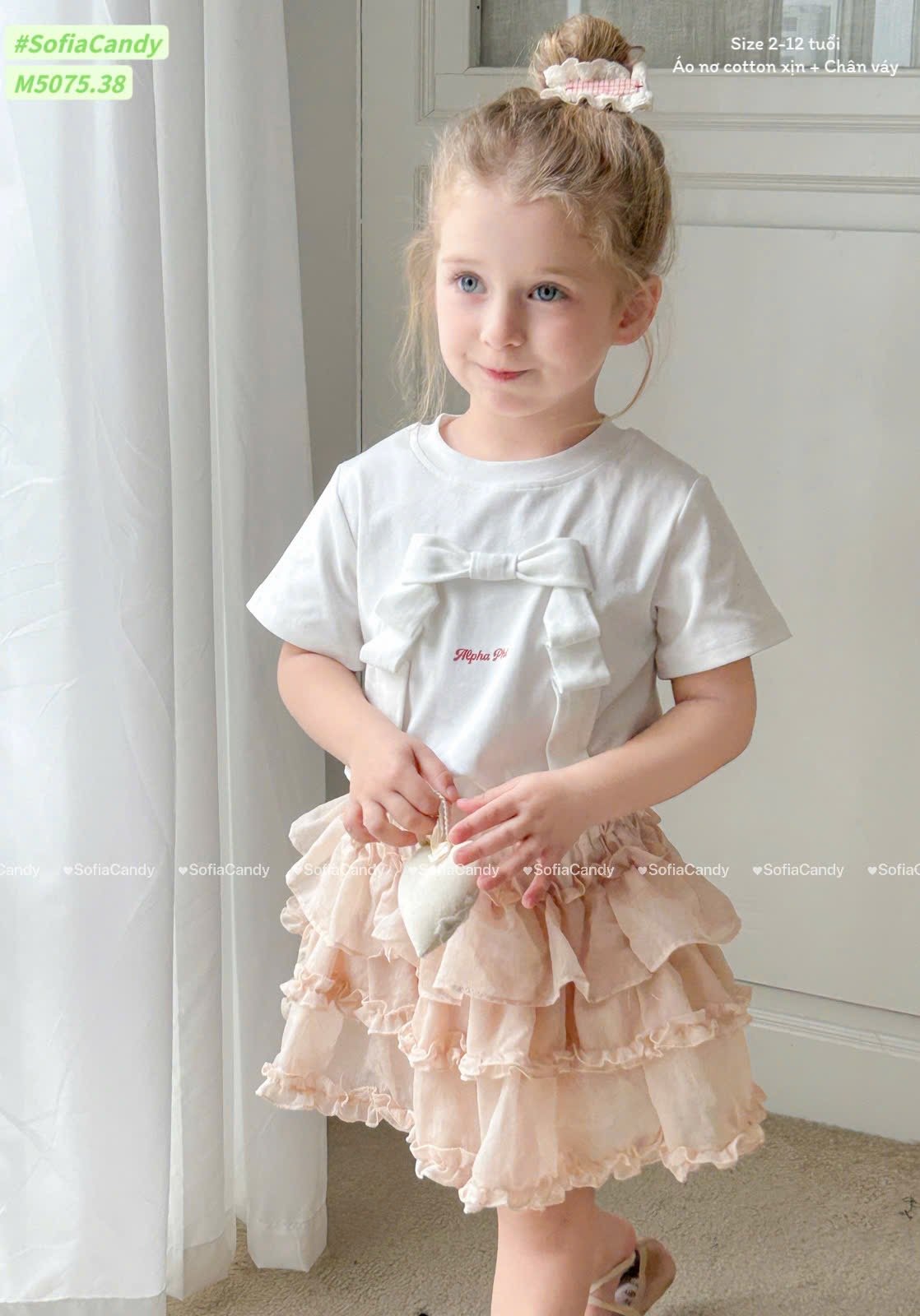 M5075 - Bộ Mia Kids áo nơ trắng + chân váy hồng bé gái size 2-12y