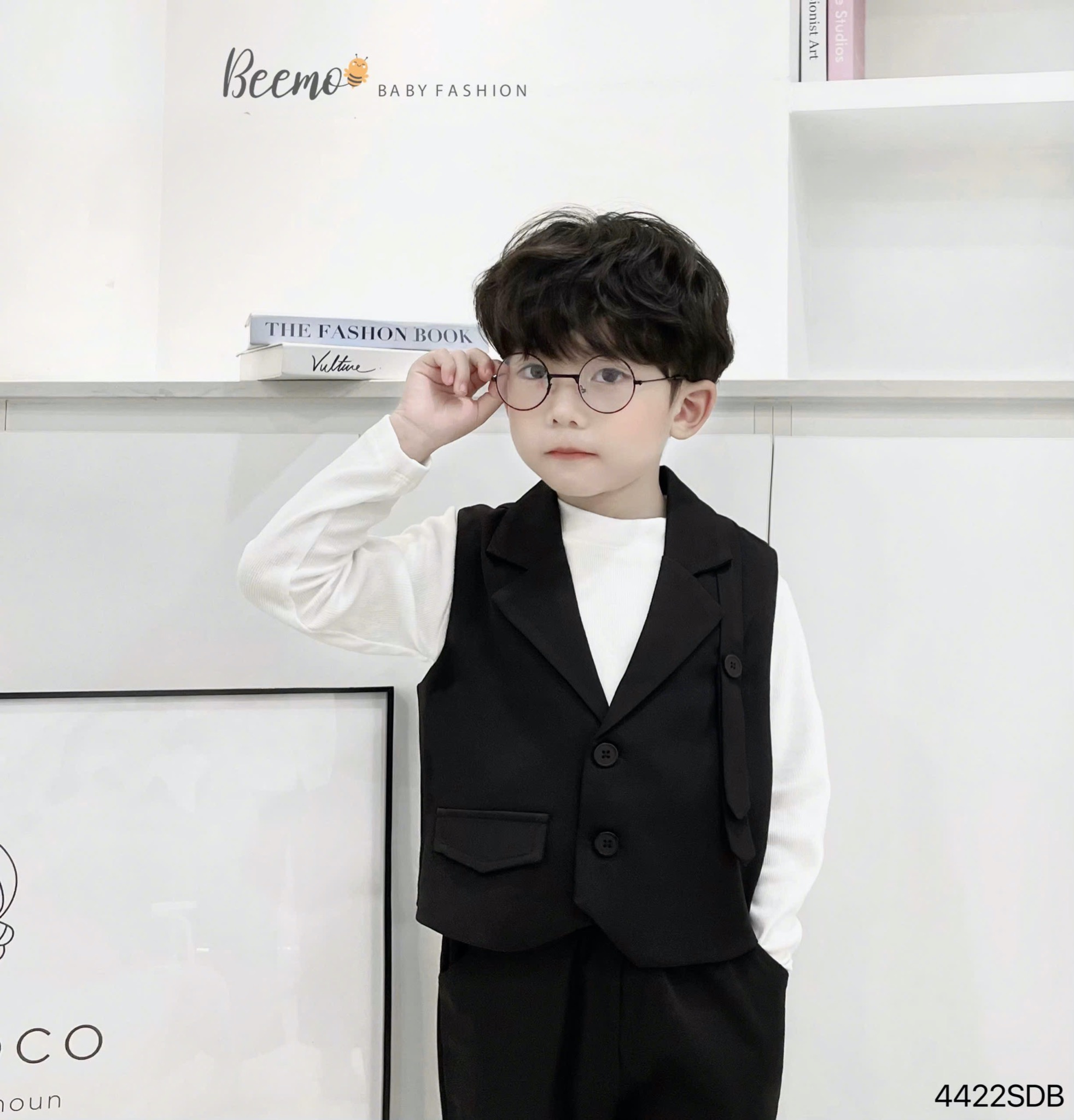 Set 3 chi tiết Beemo áo gile vest đen + áo thun tăm trắng + quần đen bé trai size 80 - 130