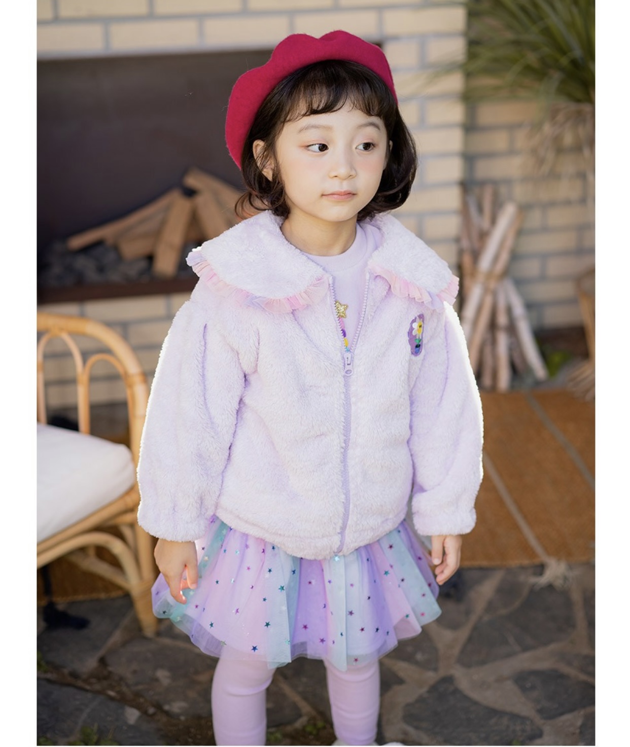 Áo khoác lông Little Bobdog cổ sen bèo màu tím