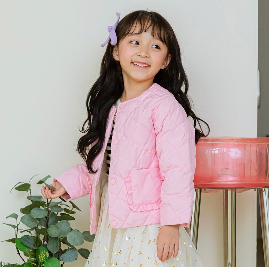 Áo khoác chần trám Little Bobdog hồng cổ tròn túi bèo