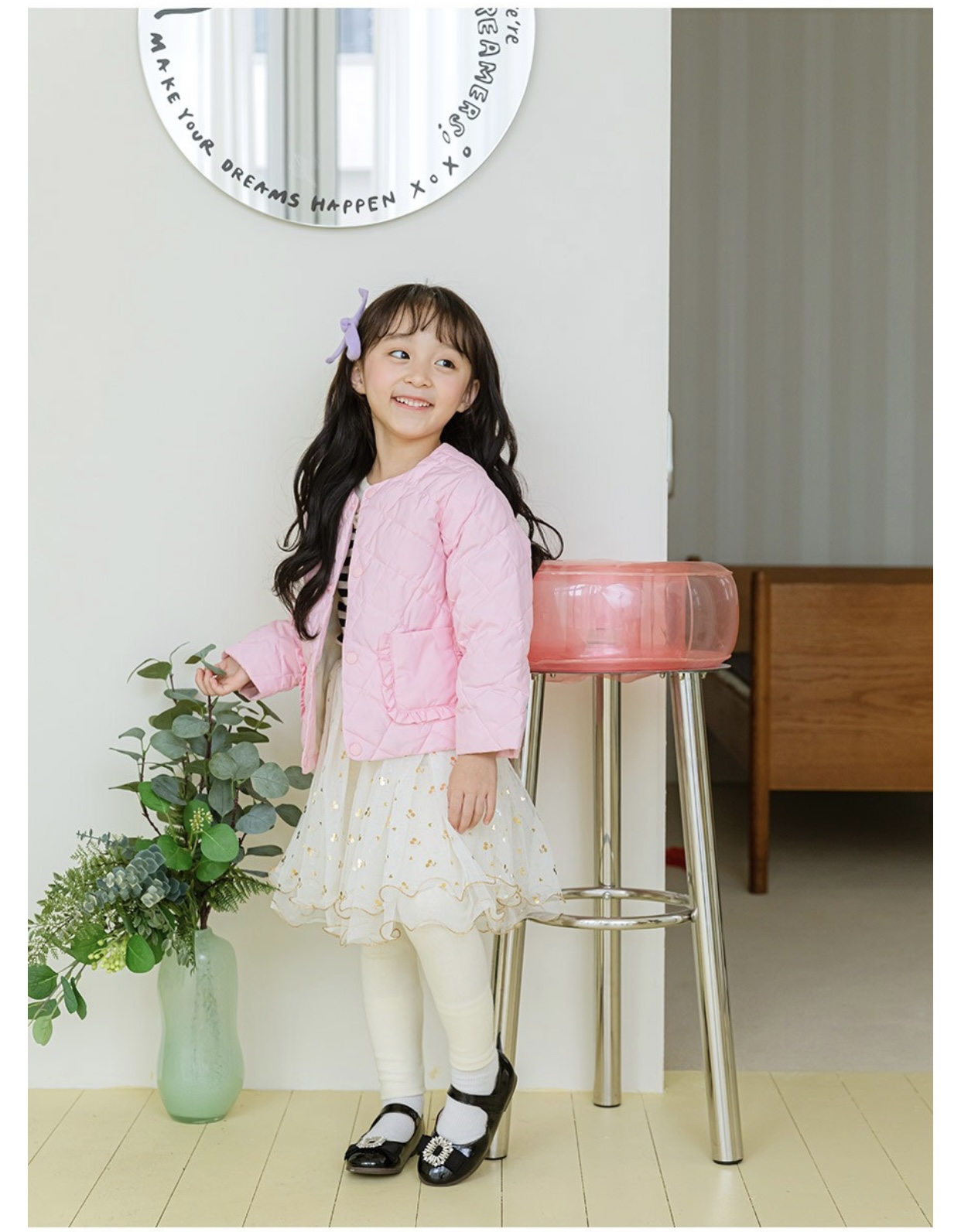 Áo khoác chần trám Little Bobdog hồng cổ tròn túi bèo