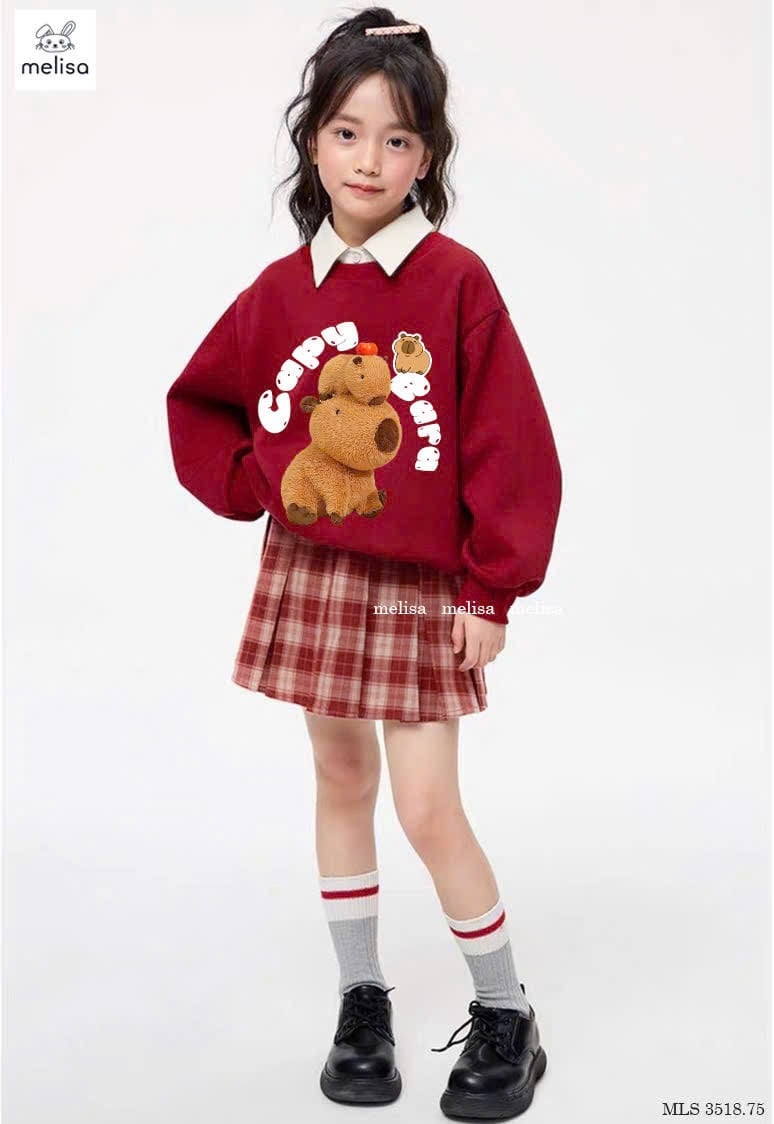 MLS 3518 - Set Melisa áo nỉ đỏ Capybara cổ sơ mi trắng - chân váy kẻ đỏ size 2 - 12y