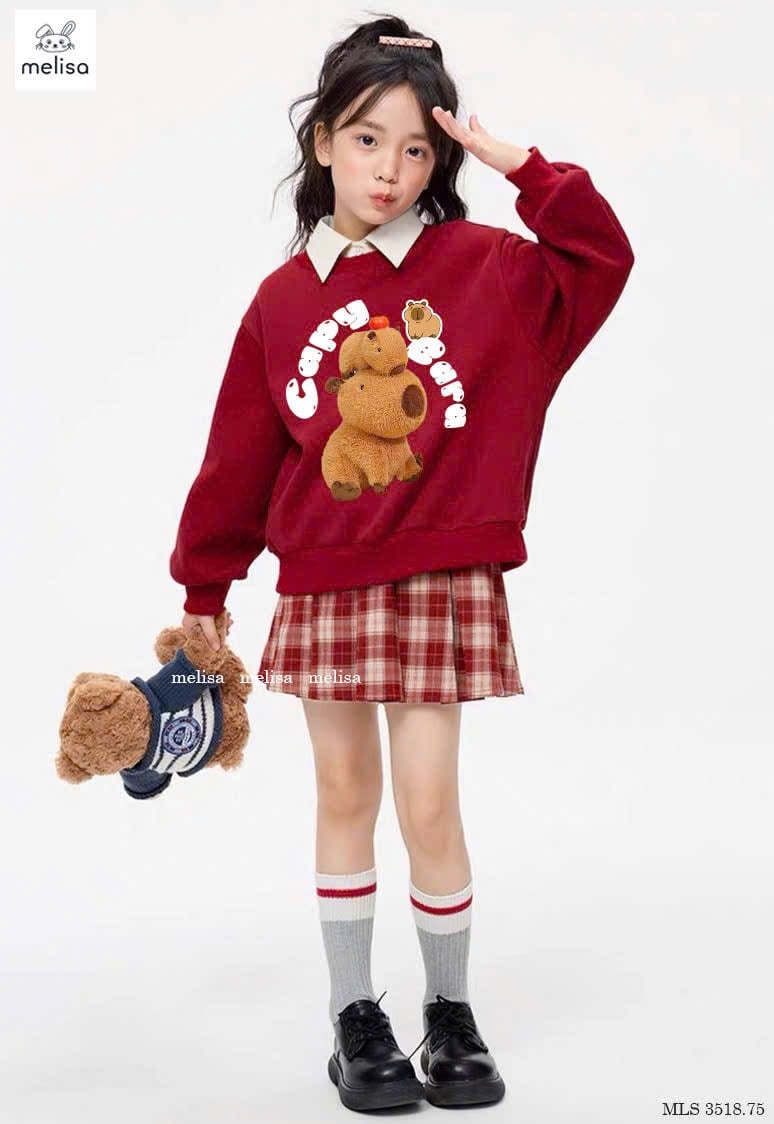 MLS 3518 - Set Melisa áo nỉ đỏ Capybara cổ sơ mi trắng - chân váy kẻ đỏ size 2 - 12y