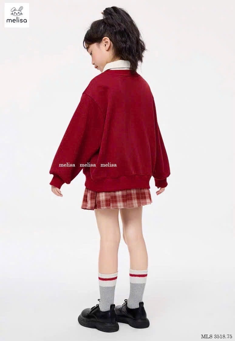 MLS 3518 - Set Melisa áo nỉ đỏ Capybara cổ sơ mi trắng - chân váy kẻ đỏ size 2 - 12y