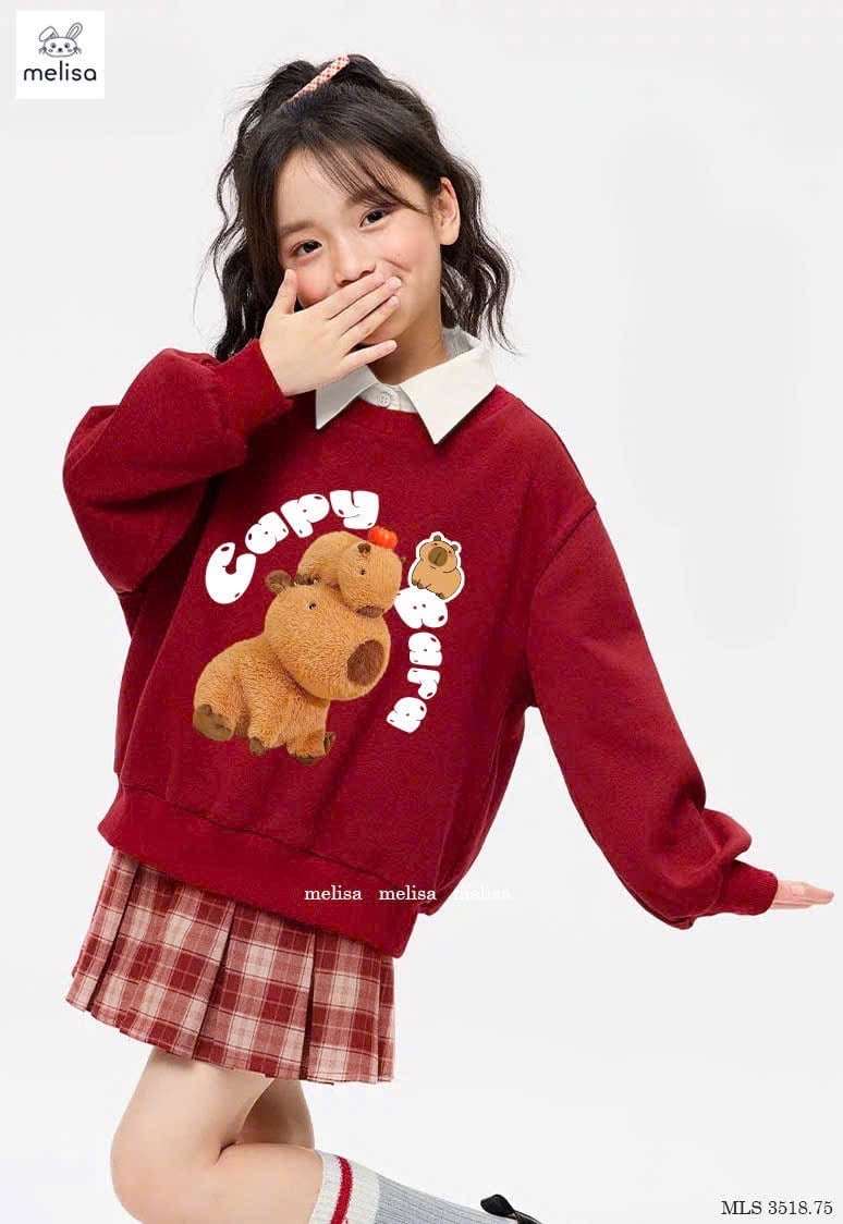 MLS 3518 - Set Melisa áo nỉ đỏ Capybara cổ sơ mi trắng - chân váy kẻ đỏ size 2 - 12y